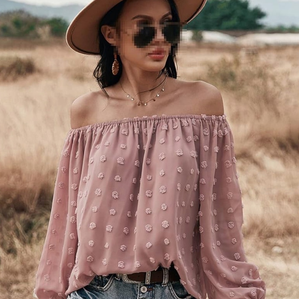 Women’s Y2K Boho Flocked Rosette Off The Shoulder Soft Pink Hippie Blouse NWT S